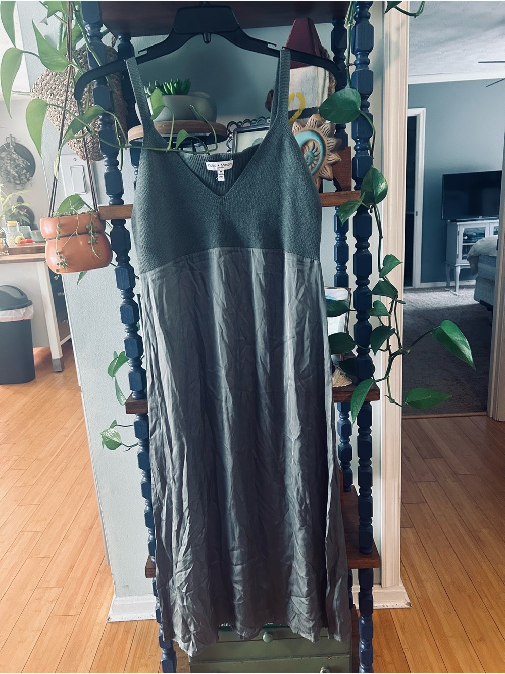 Lightweight Silk Olive Maxi Dress with V-Neck Knit Bodice